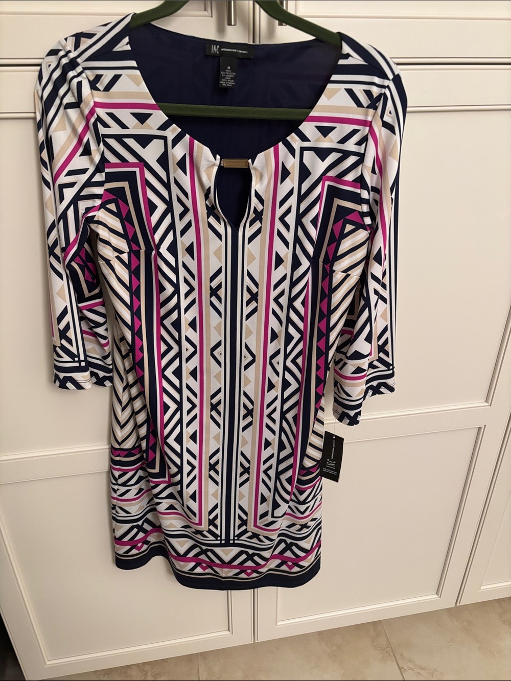 INC International Concepts Navy, White & Pink Geometric Tunic with Gold Accent